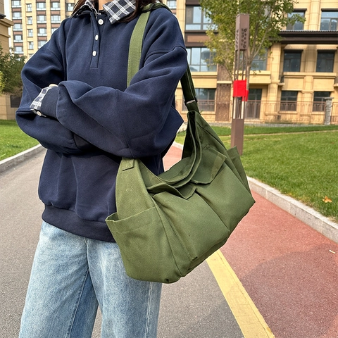 Bolso Bandolera de Lona para Mujer Gran Capacidad Multibolsillo Messenger Bag Estilo Workwear Bolso Tote para Escuela