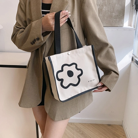 Women Korean Style Floral Print Canvas Tote Bag Simple Minimalist Cute Handbag Portable Casual Lunch Bag Versatile Shoulder Bag