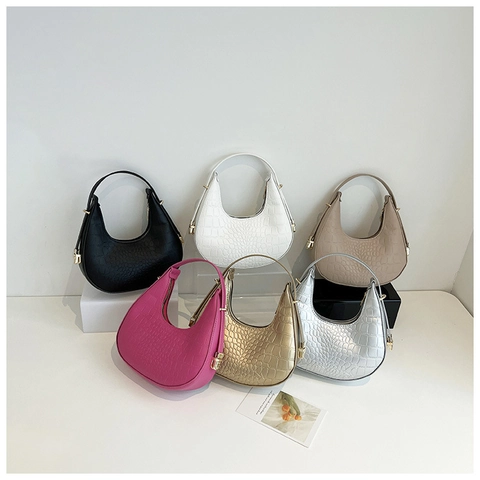 Women Crocodile Pattern Crescent Moon Underarm Bag Trendy Embossed PU Leather Hobo Shoulder Bag With Golden Hardware Fashion Handbag For Daily Commute