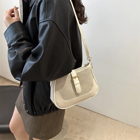 Damen Retro PU Leder Leinwand Farbblock Schultertasche Große Kapazität Umhängetasche Mit Verstellbarem Gurt Pendler Handtasche