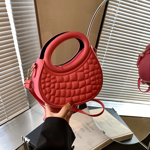 Sac À Épaule Croissant Rétro Femmes Chic Main En Cuir PU Embossé Avec Poignée Ronde Bandoulière Amovible Style Streetwear