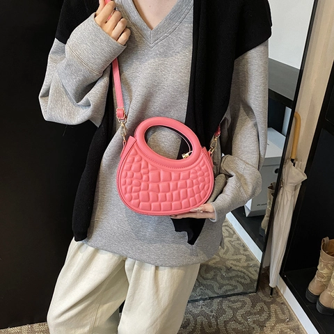 Sac À Épaule Croissant Rétro Femmes Chic Main En Cuir PU Embossé Avec Poignée Ronde Bandoulière Amovible Style Streetwear