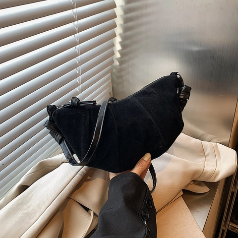 Women Retro Suede Texture PU Pleated Half Moon Shoulder Bag Croissant Dumpling Bag Casual Crossbody Bag Solid Color Handbag