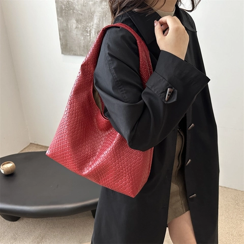 Damen Gewebte PU-Leder Schultertasche Große Kapazität Hobo Tote Bag Minimalistische Intrecciato Muster Unterachseltasche Alltags Handtasche