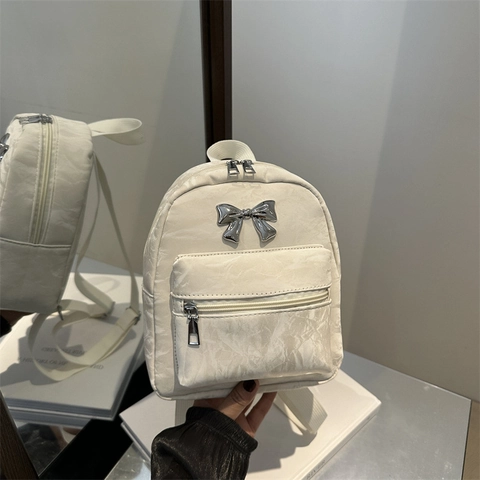 Mini Sac À Dos Femme Cuir Synthétique Plissé Décor Nœud Argenté Bretelles Réglables Petit Sac Chic Tendance Filles