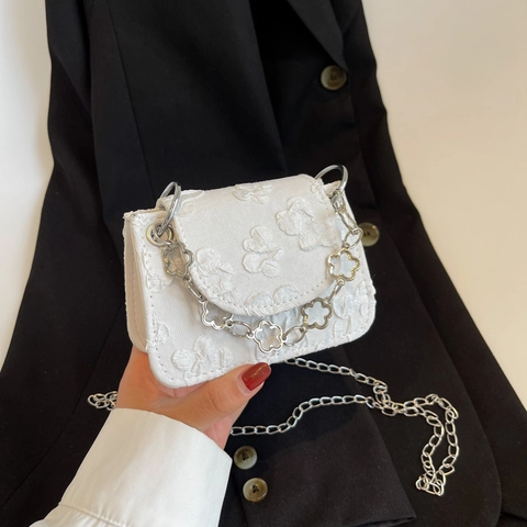 Mini Crossbody Bag 3D Relief Flower Pattern Textured Small Square Handbag With Silver Metal Chain Strap For Women