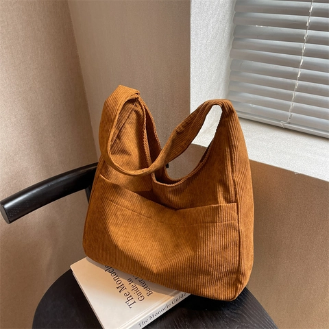 Bolso de Hombro de Pana Vintage de Gran Capacidad para Mujer Bolso Tote de Color Sólido con Bolsillo Delantero Bolso Hobo Casual