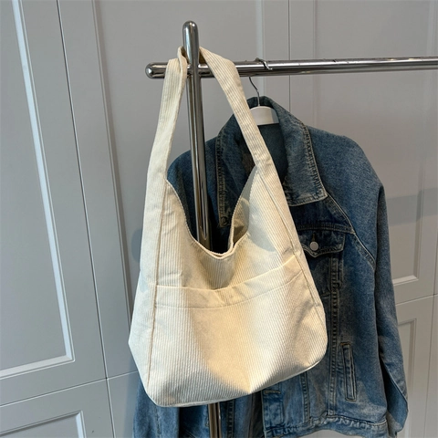 Bolso de Hombro de Pana Vintage de Gran Capacidad para Mujer Bolso Tote de Color Sólido con Bolsillo Delantero Bolso Hobo Casual