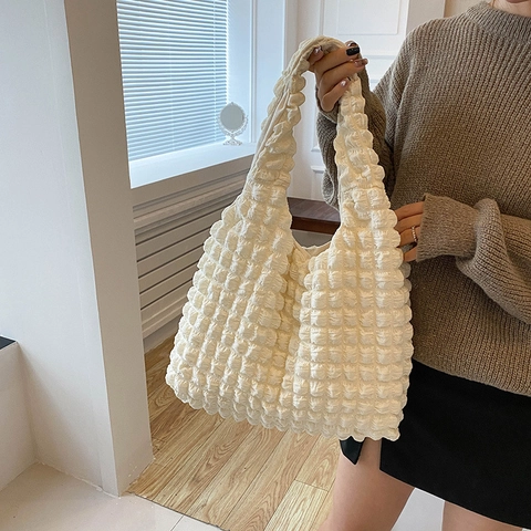 Borsa A Spalla Trama Popcorn Bubble Nylon Piegata Grande Capacità Tote Casual Per Donne Trendy