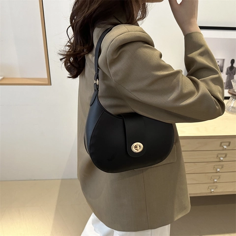 Sac À Épaule Croissant Rétro Femmes Similicuir PU Demi-Lune Hobo Bag Avec Fermoir Rotatif Mode Style Urbain