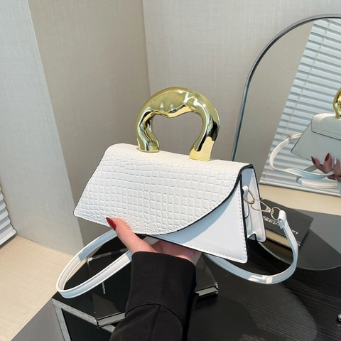 Women Geometric Shoulder Bag Crocodile Pattern PU Leather Gold Irregular Handle Asymmetric Flap Crossbody Handbag Chic