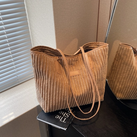 Women Corduroy Tote Bag Large Capacity Commuter Retro Shoulder Bag With Zipper Closure Soft Solid Color Handbag