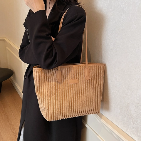Women Corduroy Tote Bag Large Capacity Commuter Retro Shoulder Bag With Zipper Closure Soft Solid Color Handbag
