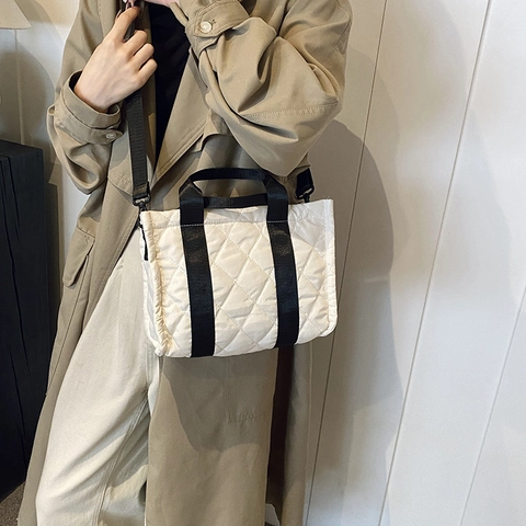 Borsa Tote Trapuntata da Donna Motivo a Rombi Borsa a Spalla in Nylon Casual Pendolare Borsa a Tracolla Moda Versatile Grande Capacità