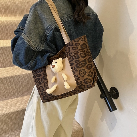 Borsa Tote Leopardata Da Donna Con Orsetto Di Peluche 3D Grande Capacità Borsa A Spalla Retrò Moda Urbana Casual
