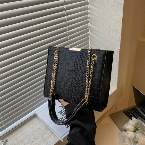 Dames Krokodillenpatroon PU Leer Schoudertas Retro Mode Tote Bag Met Gouden Ketting Elegante Dagelijkse Crossbody Tas