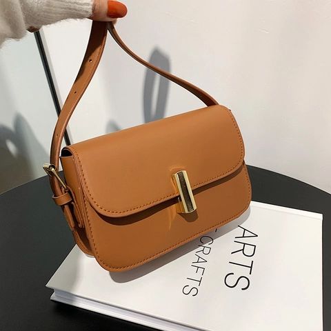 Minimalist Shoulder Bag PU Leather Retro Square Crossbody Handbag With Golden Clasp Elegant Urban Style For Women