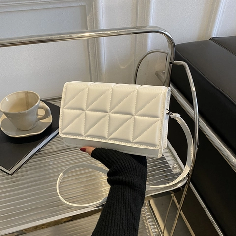 Women Minimalist Geometric Triangle Quilted PU Leather Small Square Shoulder Bag Daily Commuting Fashion Crossbody Handbag