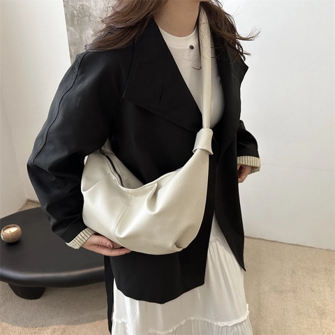 Sac à Épaule en Cuir PU Motif Litchi Vintage pour Femmes Bandoulière Nouée Sac Hobo Demi-Lune Sac Sous le Bras Minimaliste