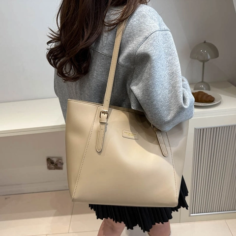 Large Capacity PU Leather Tote Bag Minimalist Solid Color Shoulder Bag With Adjustable Strap For Women Daily Commute Office