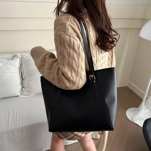 Large Capacity PU Leather Tote Bag For Women Minimalist Vintage Shoulder Bag Solid Color Casual Commuter Handbag
