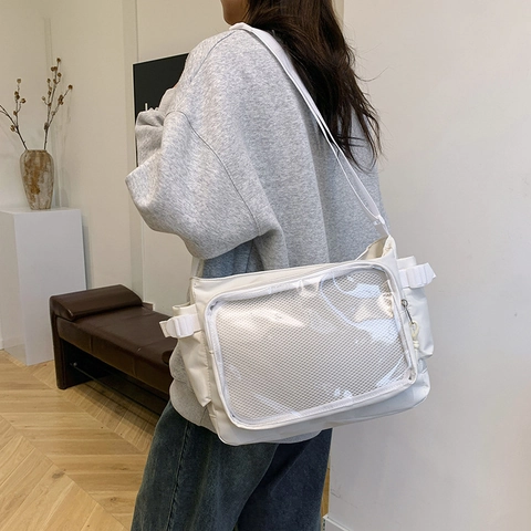 Nylon Large Capacity Ita Bag With Clear Window Women Minimalist Messenger Shoulder Bag Preppy Style School Tote Bag