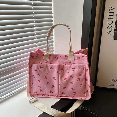 Kirschdruck Große Kapazität Nylon Tragetasche Für Damen Mit Vordertaschen Studenten Casual Umhängetasche Handtasche Alltag