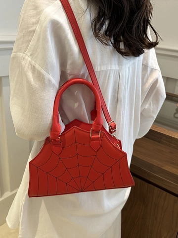 Gothic Spider Web Embroidered PU Leather Shoulder Bag Women Bat Wing Handbag Halloween Party Crossbody Bag