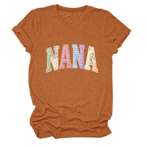 Γυναικείο T-Shirt Nana Γράμμα Patchwork Applique Κοντό Μανίκι Στρογγυλή Λαιμόκοψη Βαμβακερό Πλεκτό Τοπ