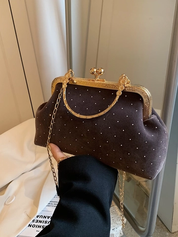 Vintage Velvet Evening Bag For Women Elegant Artificial Pearl Polka Dot Clutch Handbag With Metal Handle And Chain Shoulder Strap