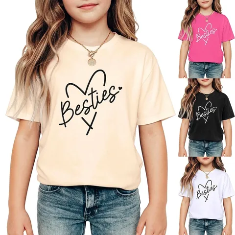 Kids Girls Casual Cotton Blend Short Sleeve T-Shirt Besties Heart Print Summer Loose Round Neck Tee Top