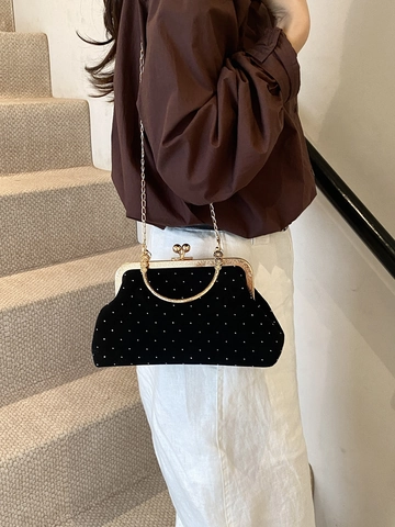 Vintage Velvet Evening Bag For Women Elegant Artificial Pearl Polka Dot Clutch Handbag With Metal Handle And Chain Shoulder Strap