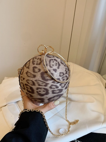 Leopardenmuster Ball Abendtasche Damen Strass Griff Metall Kettenriemen Runde Umhängetasche Party Bankett Accessoire