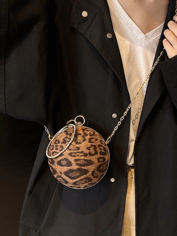 Leopardenmuster Ball Abendtasche Damen Strass Griff Metall Kettenriemen Runde Umhängetasche Party Bankett Accessoire