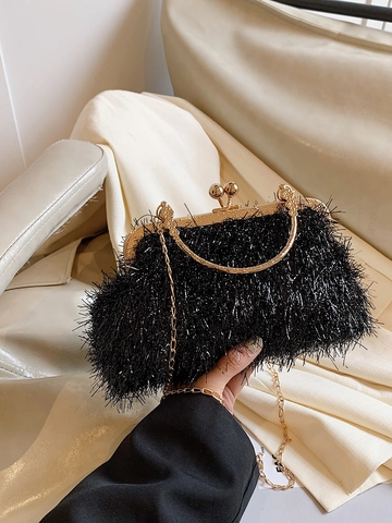 Pochette De Soirée Élégante Peluche Franges Métal Fermoir Kiss-lock Poignée Ronde Chaîne Amovible Pour Mariage Fête
