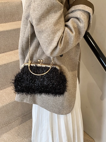 Pochette De Soirée Élégante Peluche Franges Métal Fermoir Kiss-lock Poignée Ronde Chaîne Amovible Pour Mariage Fête