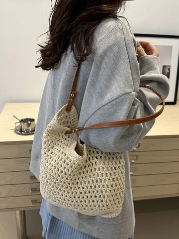Woven Tote Bag Women Hollow Out Crochet Cotton Rope Handcrafted Shoulder Bag Pastoral Style Large Capacity Beach Handbag