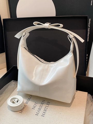 Γυναικεία Τσάντα Ώμου από Γυαλιστερό Δέρμα PU Μεταλλικό Ασημί Ροζ Τσάντα Hobo Με Φιόγκο Αστική Μινιμαλιστική Τσάντα Ώμου