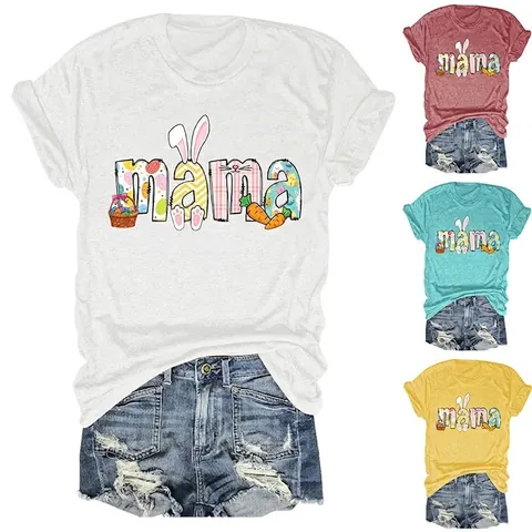 T-Shirt Da Donna Stampa Grafica Mama Pasqua Misto Cotone Maniche Corte Casual Girocollo Top Festivo