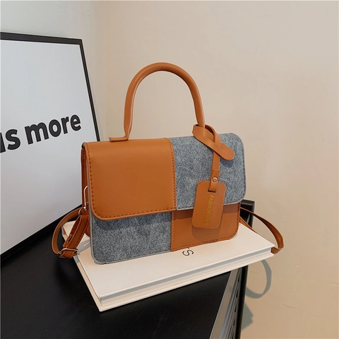 Women Patchwork Crossbody Bag PU Leather Denim Shoulder Bag Top Handle Retro Chic Square Flap Handbag