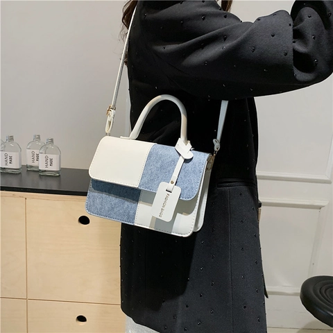 Women Patchwork Crossbody Bag PU Leather Denim Shoulder Bag Top Handle Retro Chic Square Flap Handbag