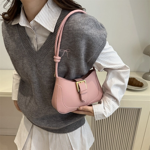 French Minimalist PU Leather Underarm Shoulder Bag For Women Vintage Hobo Crescent Bag With Gold Metal Buckle Daily Commute Purse