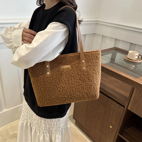 Borsa Tote In Pile Sherpa Grande Borsa A Mano In Lana Teddy Morbida Con Manici In Pelle PU Per Donne