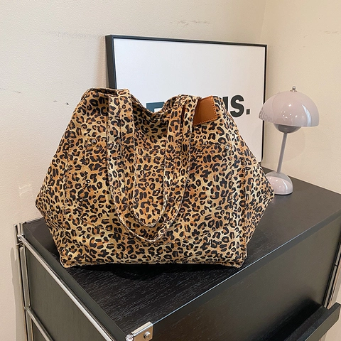 Leopard Muster Canvas Tote Bag Große Kapazität Pendler Schultertasche Für Frauen Mode Lässig Stil