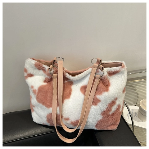 Borsa Tote in Pelliccia Sintetica con Stampa Mucca per Donna Autunno Inverno Peluche Borsa a Tracolla Morbida Sottobraccio Grande