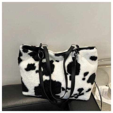 Borsa Tote in Pelliccia Sintetica con Stampa Mucca per Donna Autunno Inverno Peluche Borsa a Tracolla Morbida Sottobraccio Grande