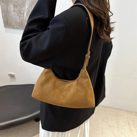 Minimalist Suede Nylon Shoulder Bag Vintage Large Capacity Hobo Tote Bag For Women Solid Color Crossbody Commuting Bag
