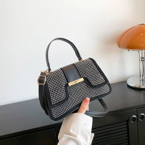 Fashion Rhinestone Small Square Handbag PU Leather Handheld Crossbody Bag Evening Party For Women