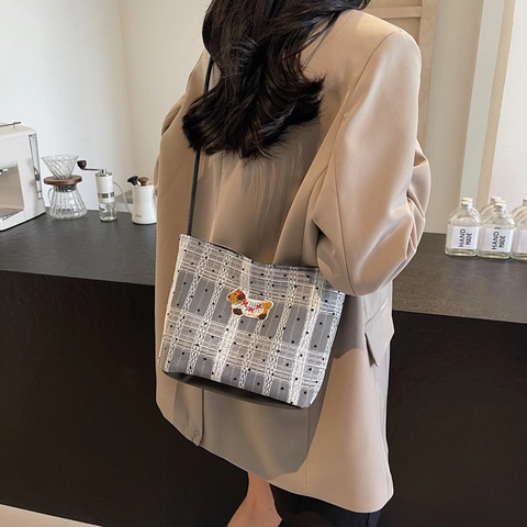 Borsa a Spalla Donna Coreana Pois Tela Secchiello con Ricamo Cane Carino Borsa Sottoascellare Casual Tracolla