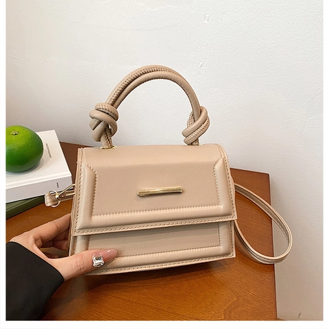 Women PU Leather Small Square Handbag With Knotted Handle Gold Metal Bar Flap Crossbody Shoulder Bag Trendy Versatile